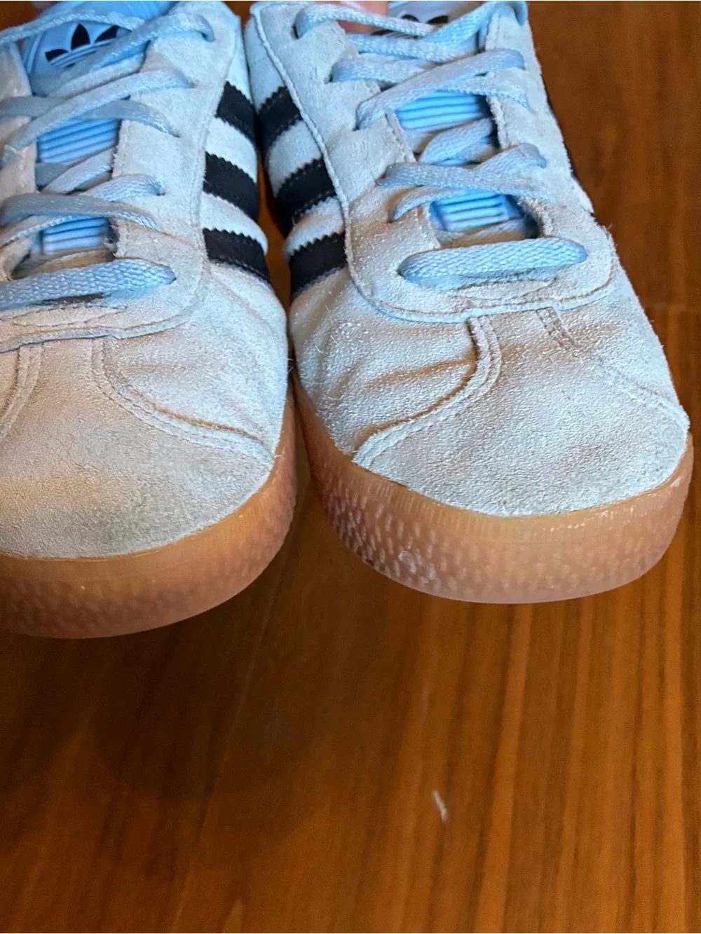 adidas Gazelle Light Blue Suede Sneakers with Black Stripes and Orange Heel